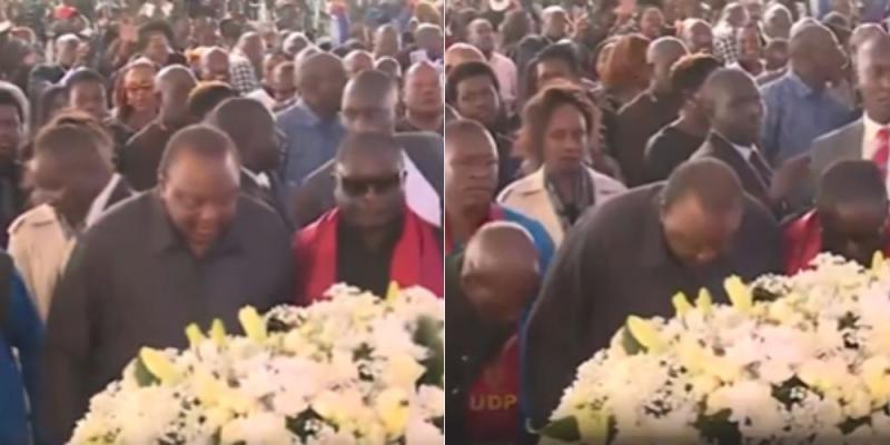 Collage of former President Uhuru Kenyatta at Cyrus Jirongo's burial ceremony.